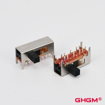 GH25D02 90 °ハンドル方向、スライドスイッチ双極双投（DPDT）、5ポジション、SMD / DIPスライドスイッチ